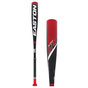 Full view of a black and red baseball bat with white EASTON logo, red knob, and ALPHA ALX text on the barrel.