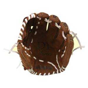 Top-down view of a brown baseball glove with white stitching and D1 Series branding.