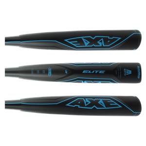 Side view of a black baseball bat with blue AXE and ELITE branding.