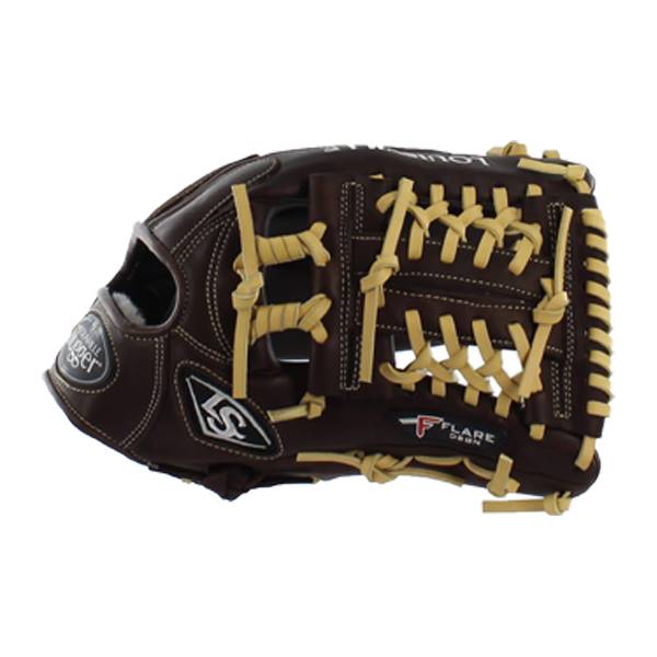 Side view of a brown Louisville Slugger baseball glove with tan lacing and LS logo.