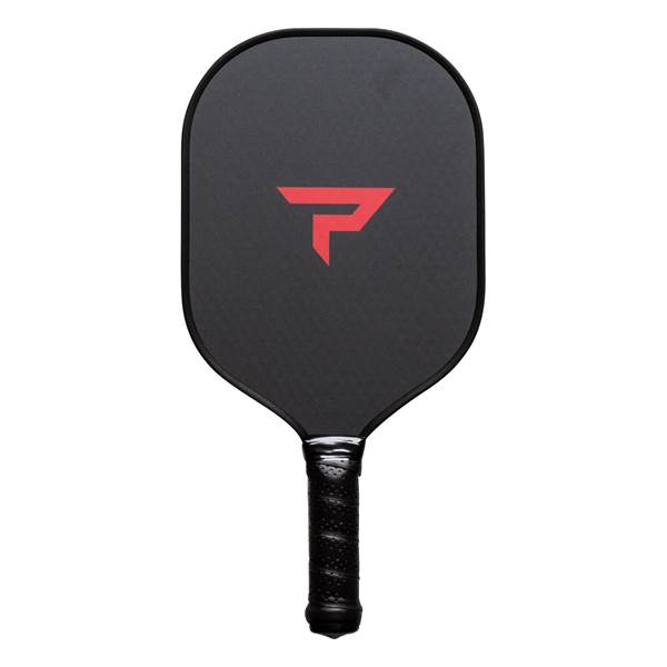 Front view of a black pickleball paddle with a red P logo and textured grip.