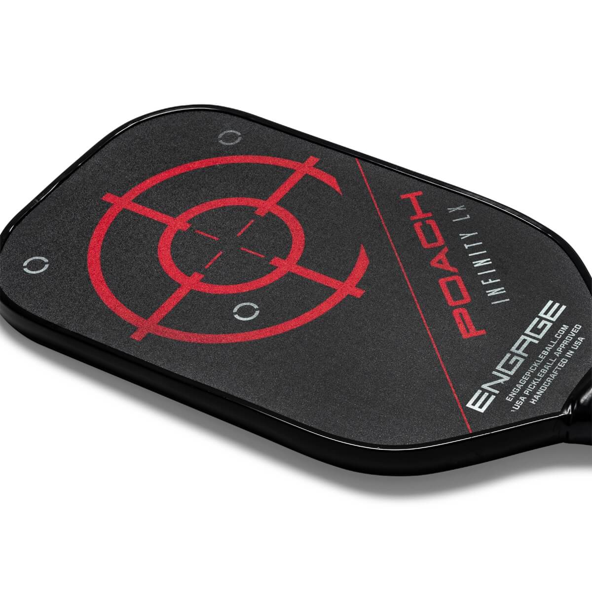 Top-down view of a black pickleball paddle with a red target design, POACH INFINITY LX text, and ENGAGE logo.