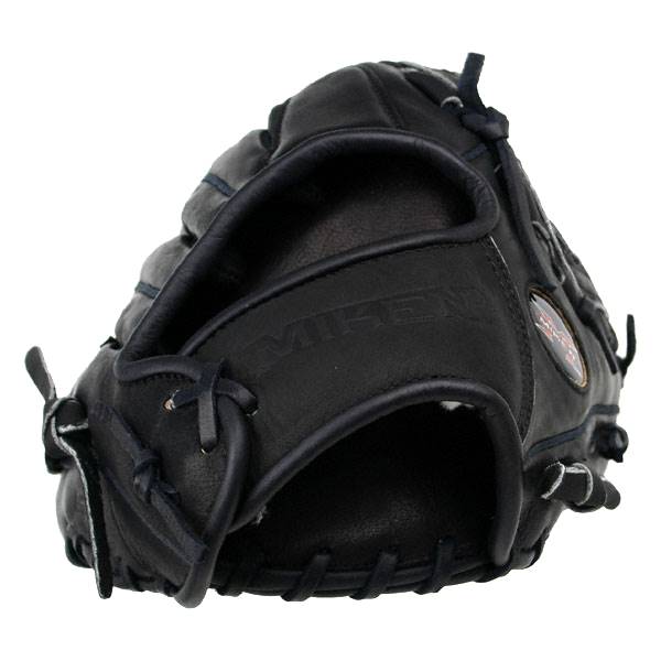 Top-down view of a black baseball glove with MIKEN embossed on the wrist strap and dark blue stitching.