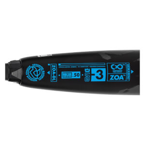 Side view of a black baseball bat with blue ZOA-DL, D-Lab, BBCOR 50 Certified, and DeMarini branding.