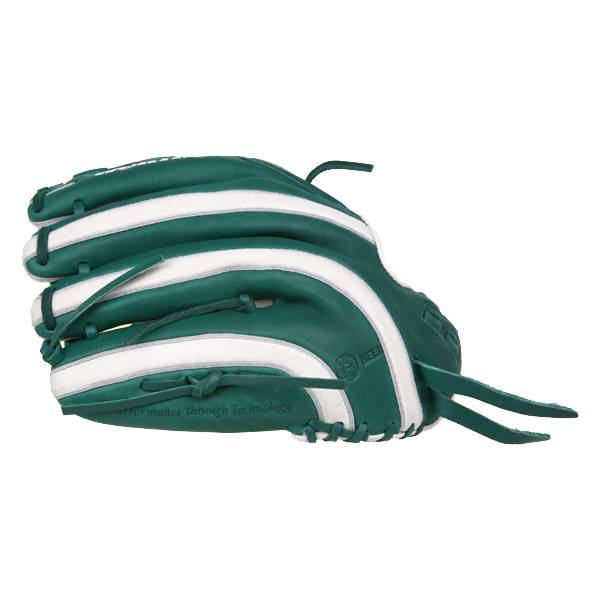 Side view of a green baseball glove with white stripes and Performance through Technology text.