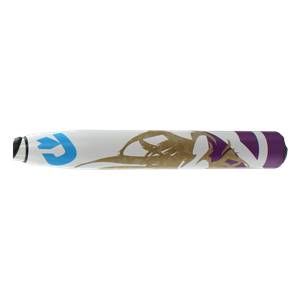 Side view of a white softball bat with blue, gold, and purple graphics.