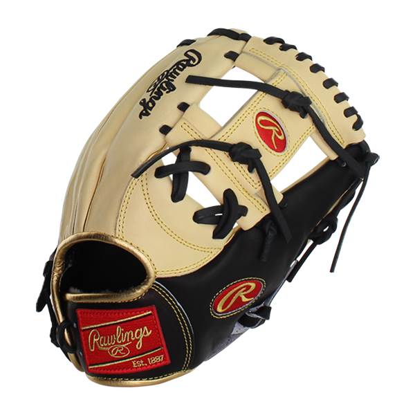 Front view of a tan and black baseball glove with gold accents and Rawlings branding.
