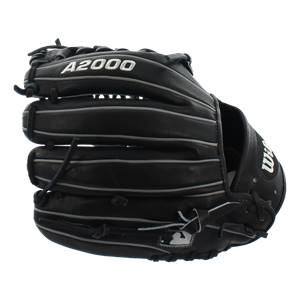 Side view of a black Wilson A2000 baseball glove with A2000 branding and white stitching.