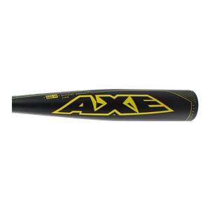Side view of a black AXE baseball bat with yellow branding and a 50 rating.