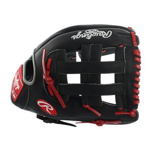 Side view of a black Rawlings baseball glove with red lacing and a white script logo.