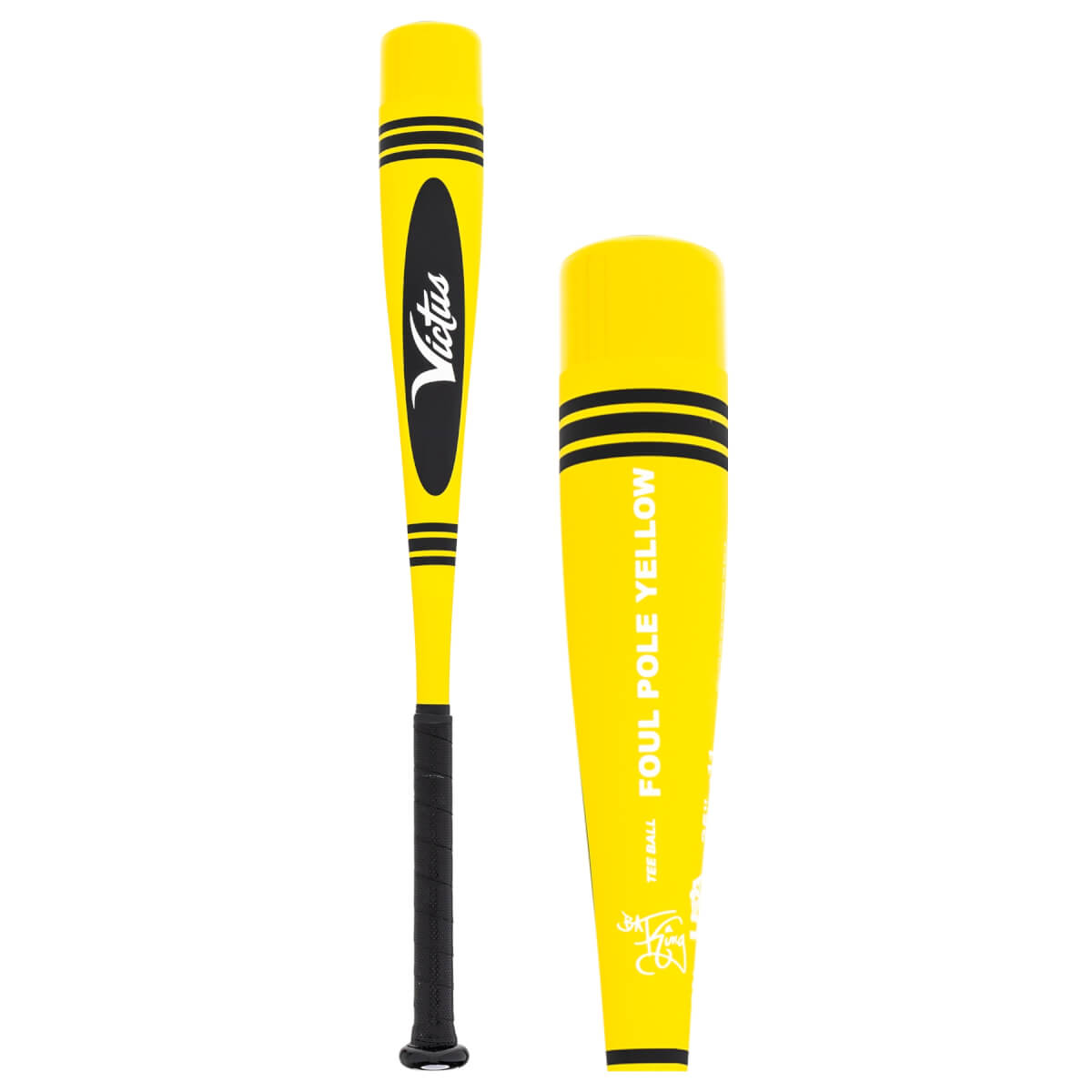 Front view of a yellow baseball bat with black accents and Victus logo.