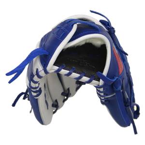 Side view of a royal blue baseball glove with white lacing and a red and white striped accent.