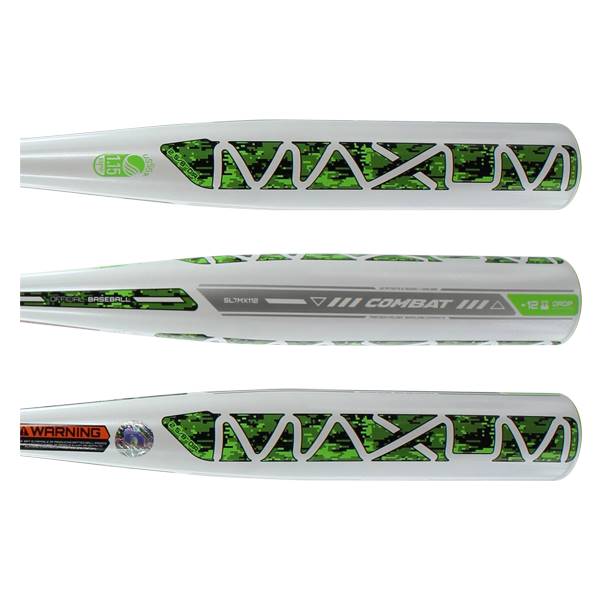 Top-down view of a white baseball bat with green MAXUM lettering and a warning label.