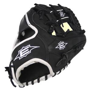 Side view of a black baseball glove with white piping and two E logos.