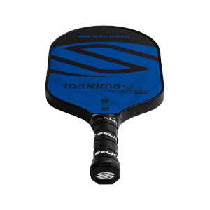 Front view of a blue and black pickleball paddle with maxima and VANGUARD 2.0 text.