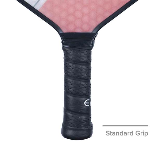 Close-up of a black pickleball paddle grip with a textured pattern and the E logo.