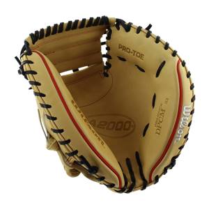 Top-down view of a tan catchers mitt with black lacing, red trim, and A2000 and Wilson branding.