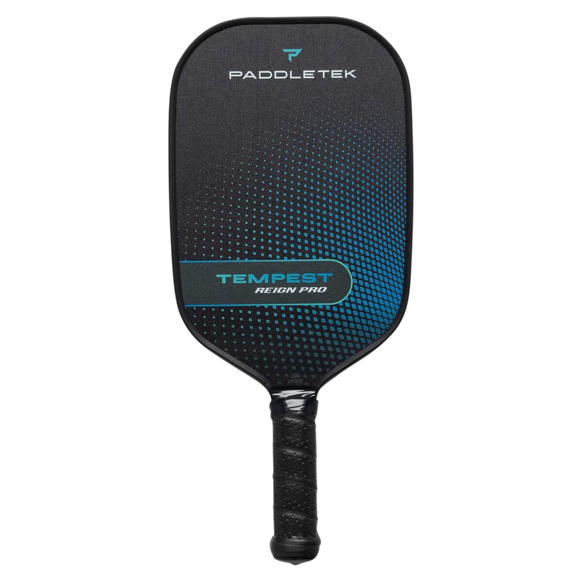 Front view of a black pickleball paddle with blue gradient dots and TEMPEST REIGN PRO text.