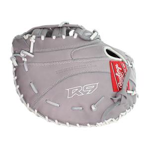 Front view of a gray Rawlings R9 first base mitt with white lacing and a red Rawlings logo tag.