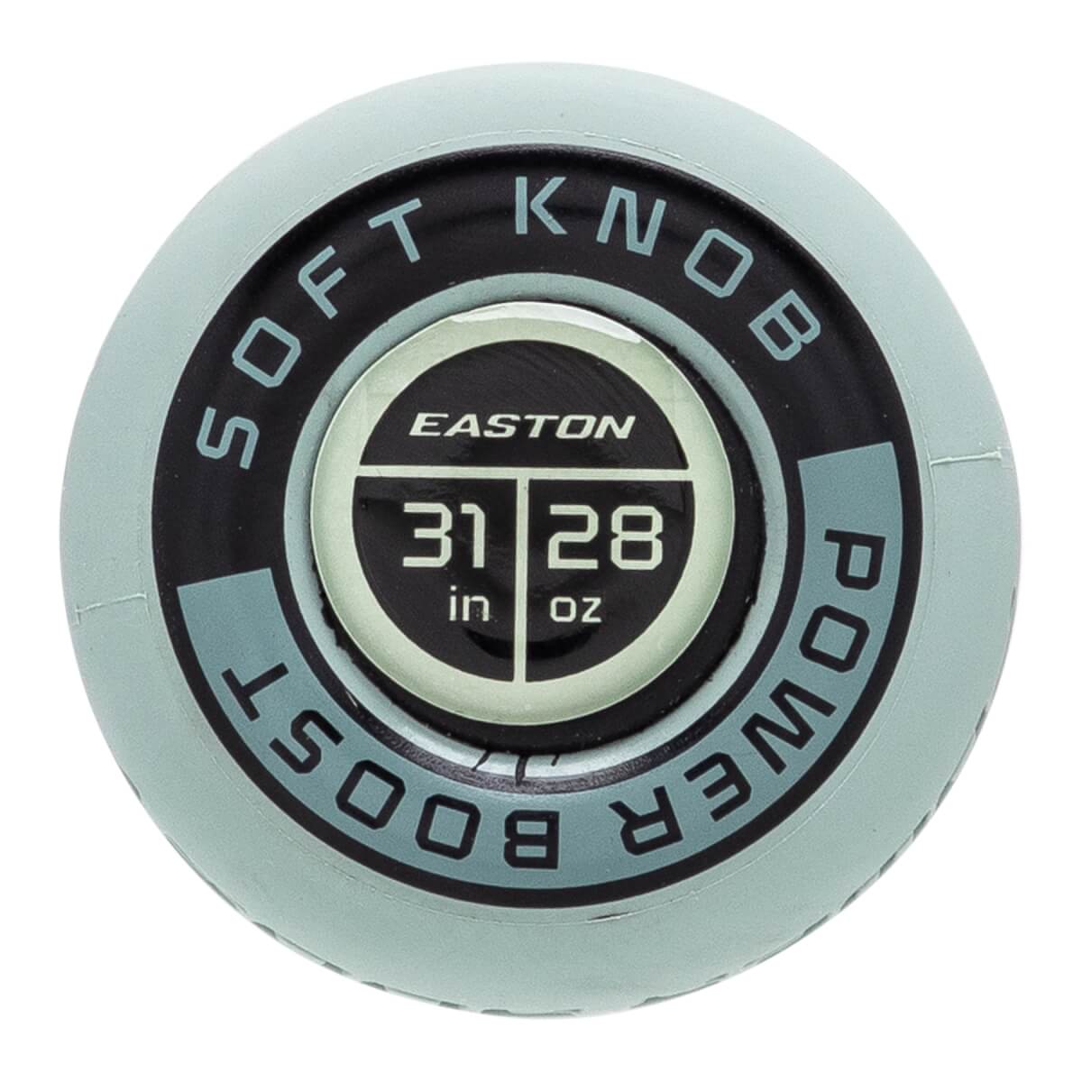 Top-down close-up of a light blue baseball bat end cap with Easton branding, 31 in 28 oz text, and SOFT KNOB POWER BOOST around the edge.