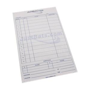 Top-down view of a white score sheet with blue grid lines, JustBats.com logo, and player/substitute sections.