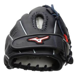 Front view of a navy Mizuno glove with a red and white logo and SOFT text.