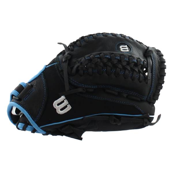 Side view of a black fastpitch glove with blue stitching and white Wilson logos.