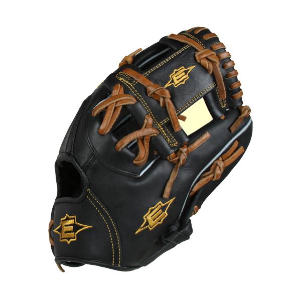 Top-down view of a black baseball glove with tan lacing and gold Easton logos.