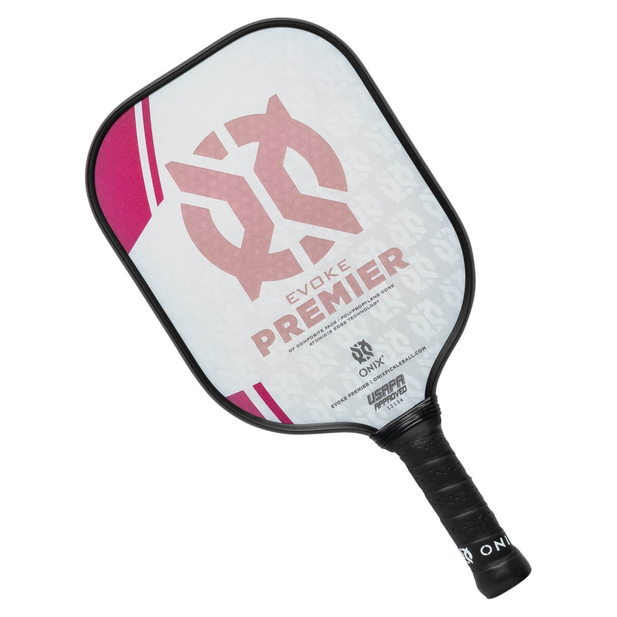 Top-down view of a white pickleball paddle with pink accents, EVOKE PREMIER text, and USAPA approved logo.