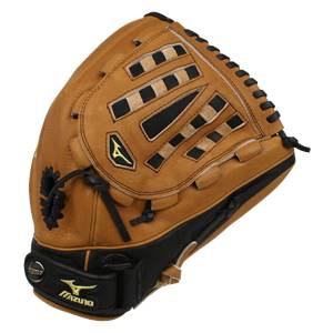 Side view of a tan and black Mizuno fastpitch glove with a yellow logo and black lacing.