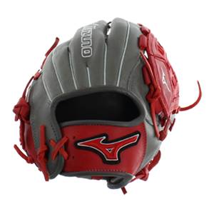 Front view of a smoke and red baseball glove with white stitching and a Mizuno logo.