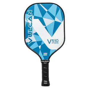 Front view of a blue and white pickleball paddle with VULCAN and V510 HYBRID text.