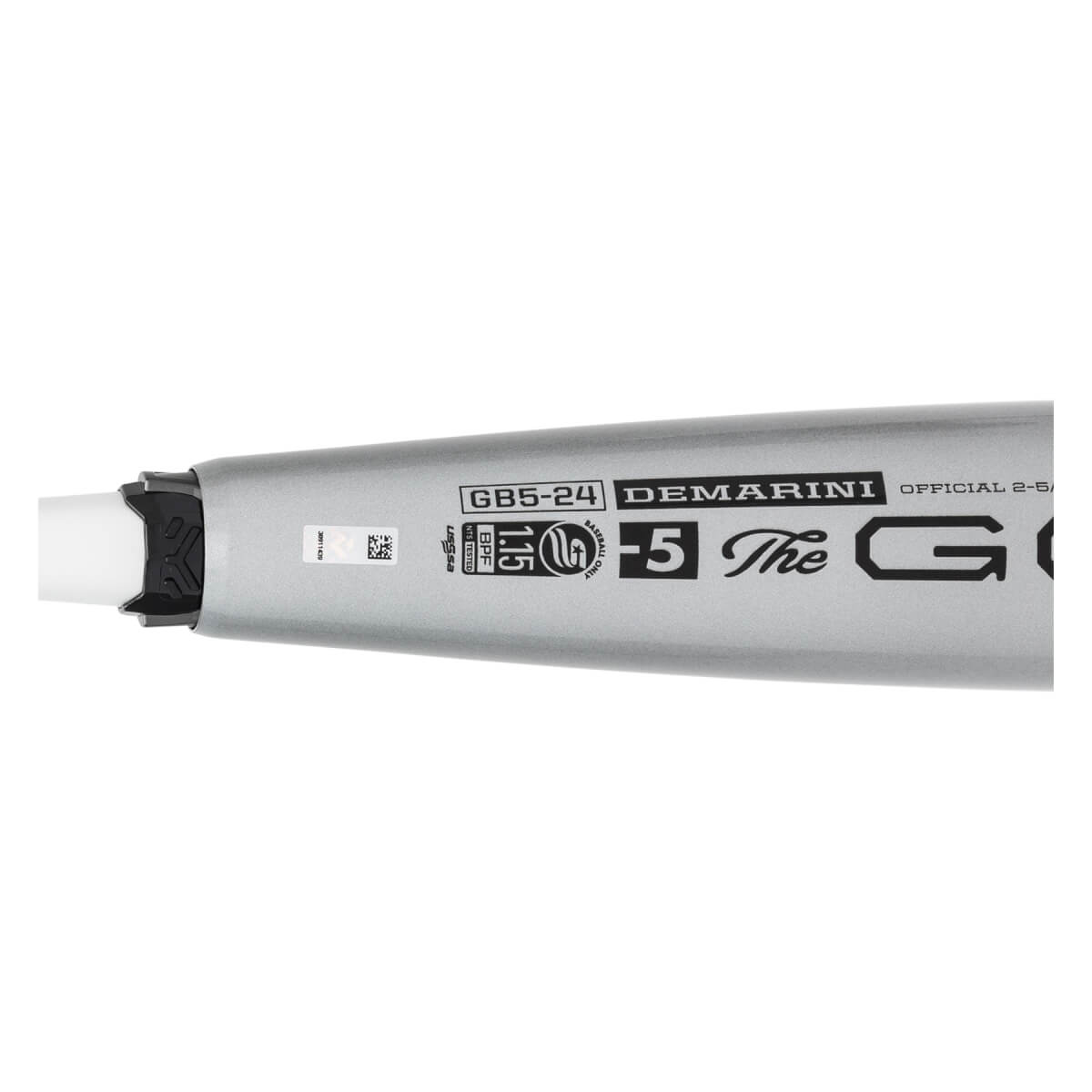 Close-up of a silver baseball bat with DEMARINI, -5, and The Goods branding.