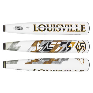Top view of a white Louisville Slugger baseball bat with black and gold META text and Louisville logo.