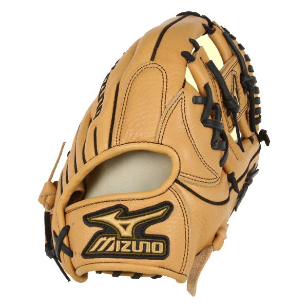 Corner view of a tan baseball glove with black lacing and a Mizuno logo.