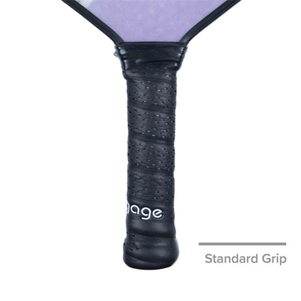 Close-up of a black pickleball paddle grip with Engage logo and textured perforations.