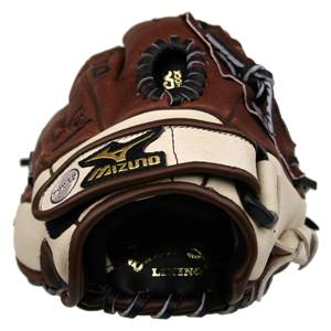 Top-down view of a brown and cream baseball glove with Mizuno branding and POWER text.