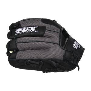 Side view of a black and gray youth baseball glove with TPX branding.