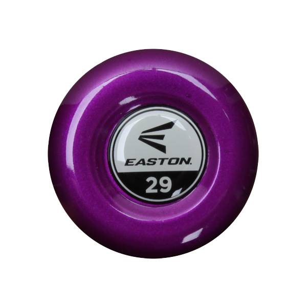 End view of a purple Easton bat with the number 29 and Easton logo.