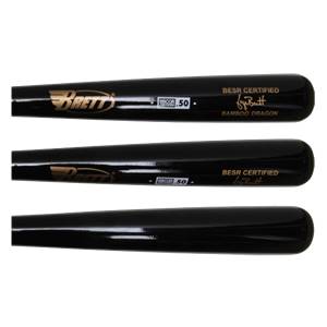 Top-down view of a black Brett Bros. Bamboo Dragon baseball bat with gold branding and BESR CERTIFIED text.