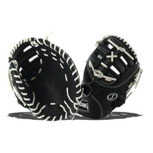 Front view of a black baseball glove with white stitching and a Spalding logo.