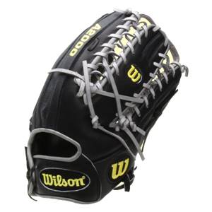 Side view of a black Wilson A2000 baseball glove with yellow A2000 and Wilson branding.