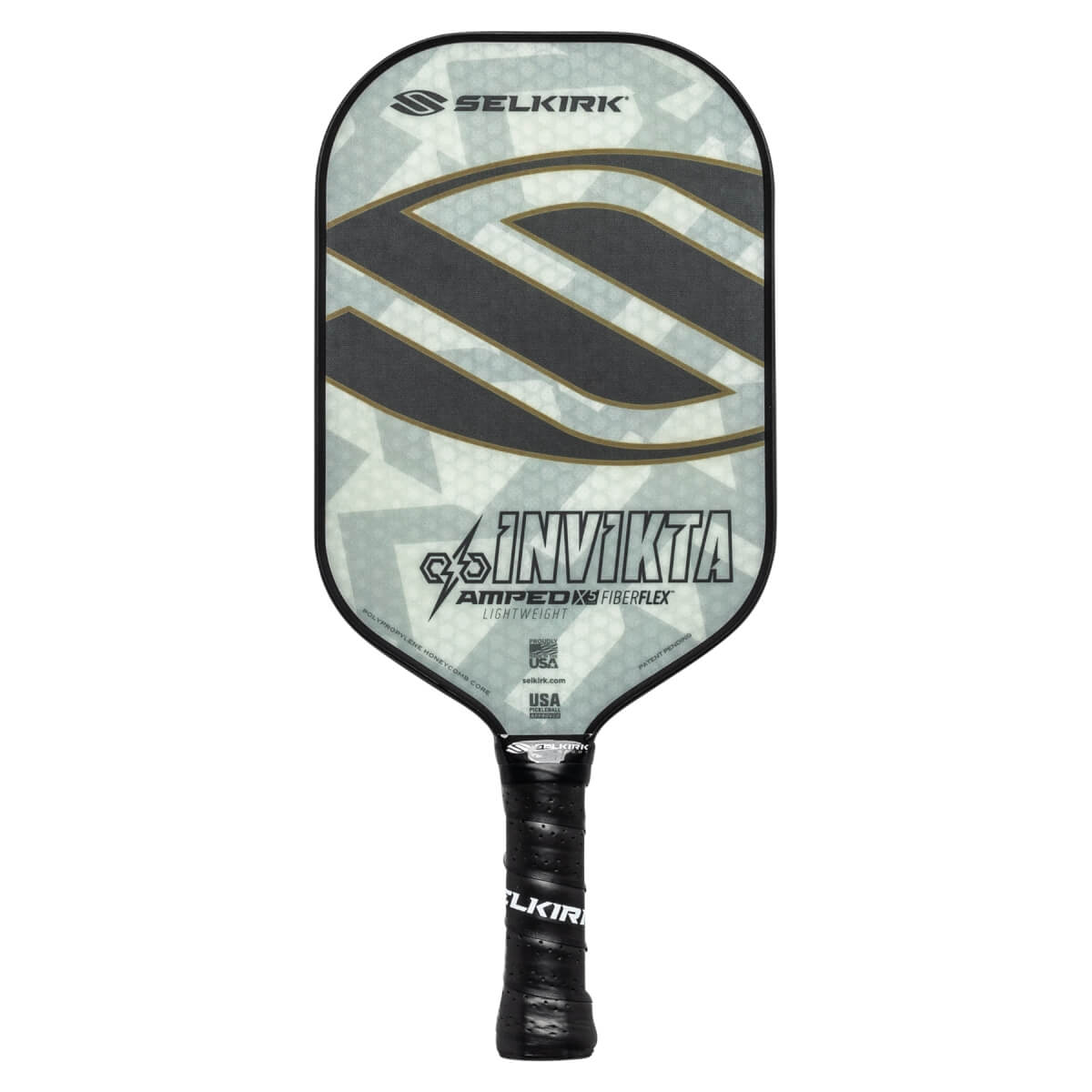 Front view of a gray and black pickleball paddle with a camouflage pattern, INVIKTA text, and Selkirk branding.