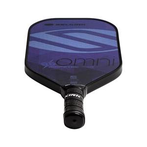 Top-down view of a purple pickleball paddle with OMNI text and a black grip with KIRK branding.