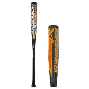 Side view of a black baseball bat with orange and white ANDERSON WIDOWMAKER text and a textured grip.