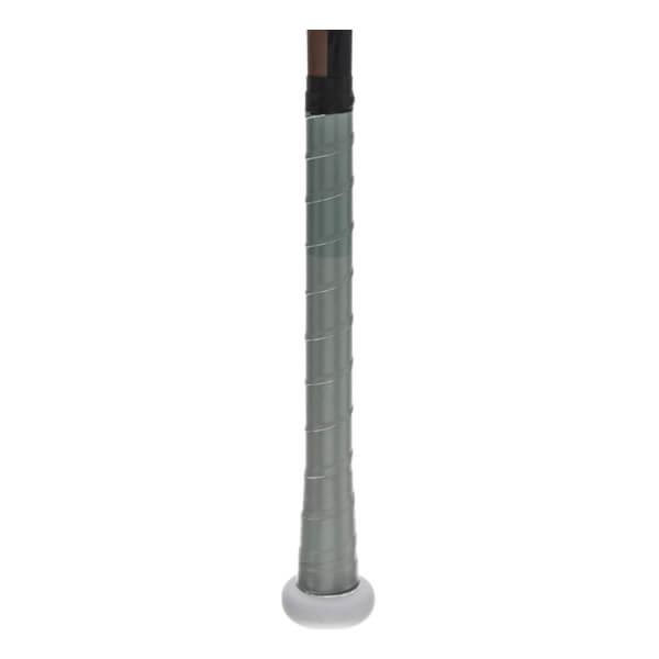 A close-up view of the bat handle shows grey spiral-wrapped grip tape with a black band at the top and a flared white knob at the bottom.