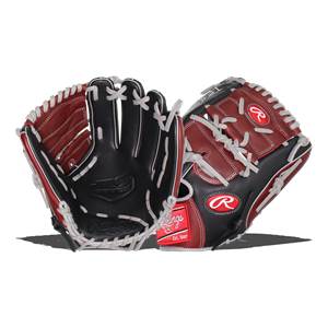 Front view of a black and maroon baseball glove with white stitching and Rawlings branding.