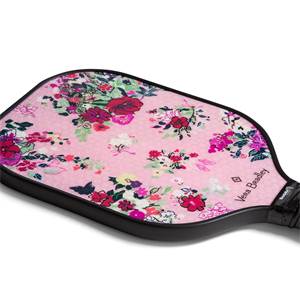 Top-down view of a pink pickleball paddle with a floral pattern and Vera Bradley text.