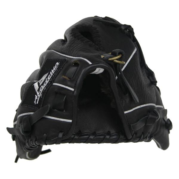 Front view of a black baseball glove with white stitching and the Akadema logo.