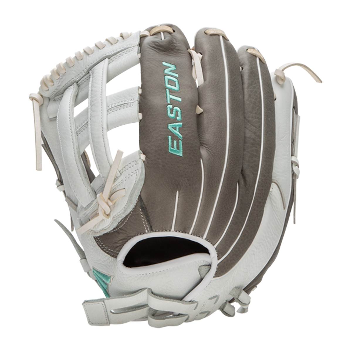 Front angled view of a white and dark gray glove with a teal EASTON logo on the finger and white lacing.